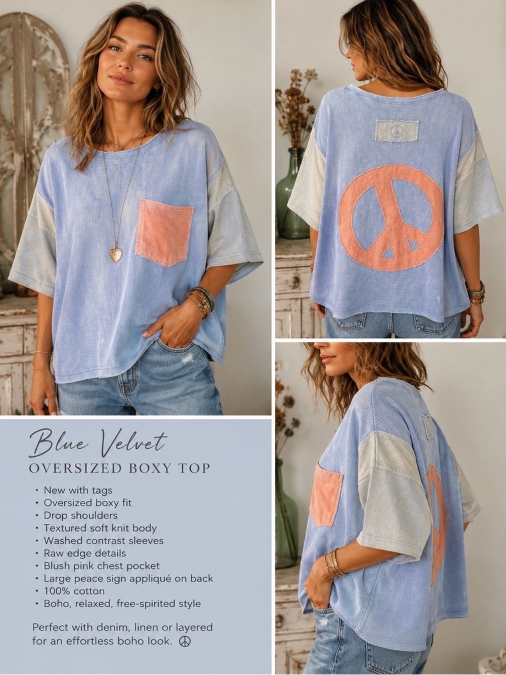 Blue Velvet NWT Colorblock Peace Sign Oversized Top